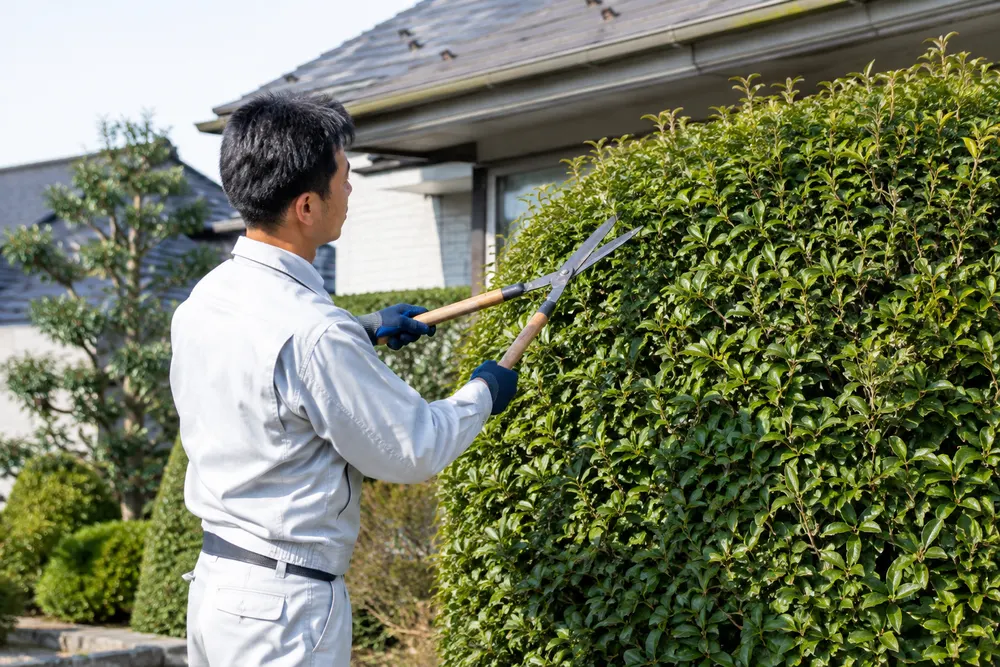 生垣を丁寧に手入れするにわのわのスタッフ